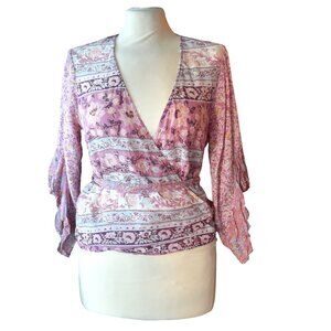 Billabong Purple Boho Floral Surplice Top Size L Long Sleeve Festival Wrap Style